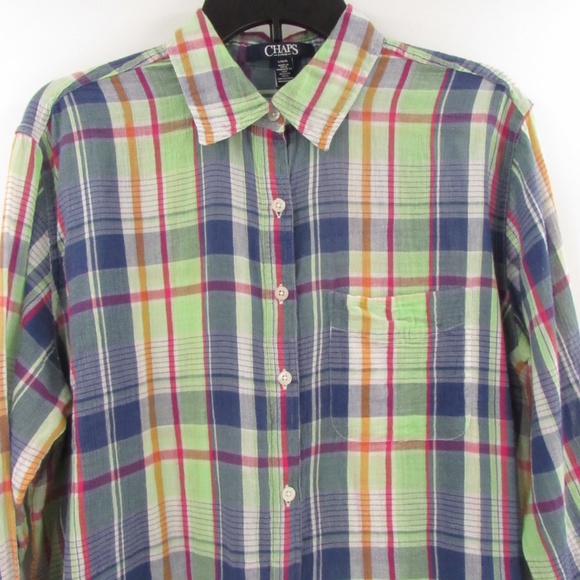 Chaps Plaid Button Front Cotton Blouse L - Picture 1 of 13
